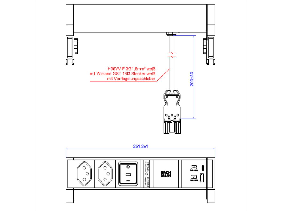 BACHMANN DESK2 white 2xCH 0° 1xSchalter 1xUSB A/C 22W 0,2m GST18,ws