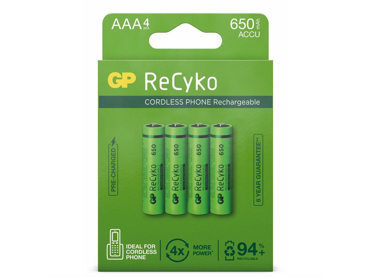 GP Batteries Recyko, Akku LR03 4x AAA NiMh,650mAh,1.2Volt,GoGreen,DECT Tel.