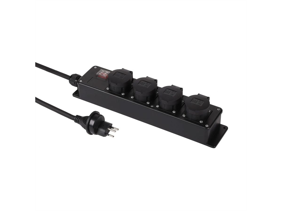 Steckdosenleiste mit Schalter 4xT13, IP55 mit 3m Kabel H07RN-F 3G1.5mm2, schwarz