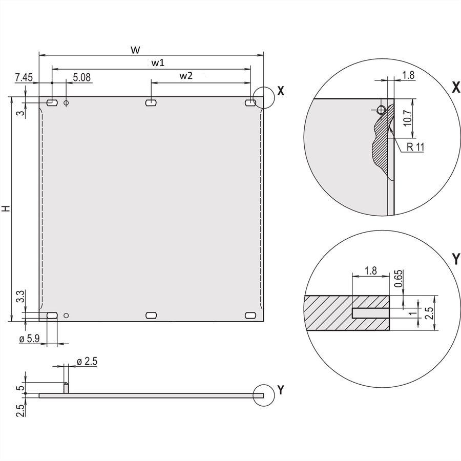 SCHROFF Face avant, plate, avec fente pour joint CEM en acier inoxydable, 4 U, 63 HP, 2,5 mm, alu