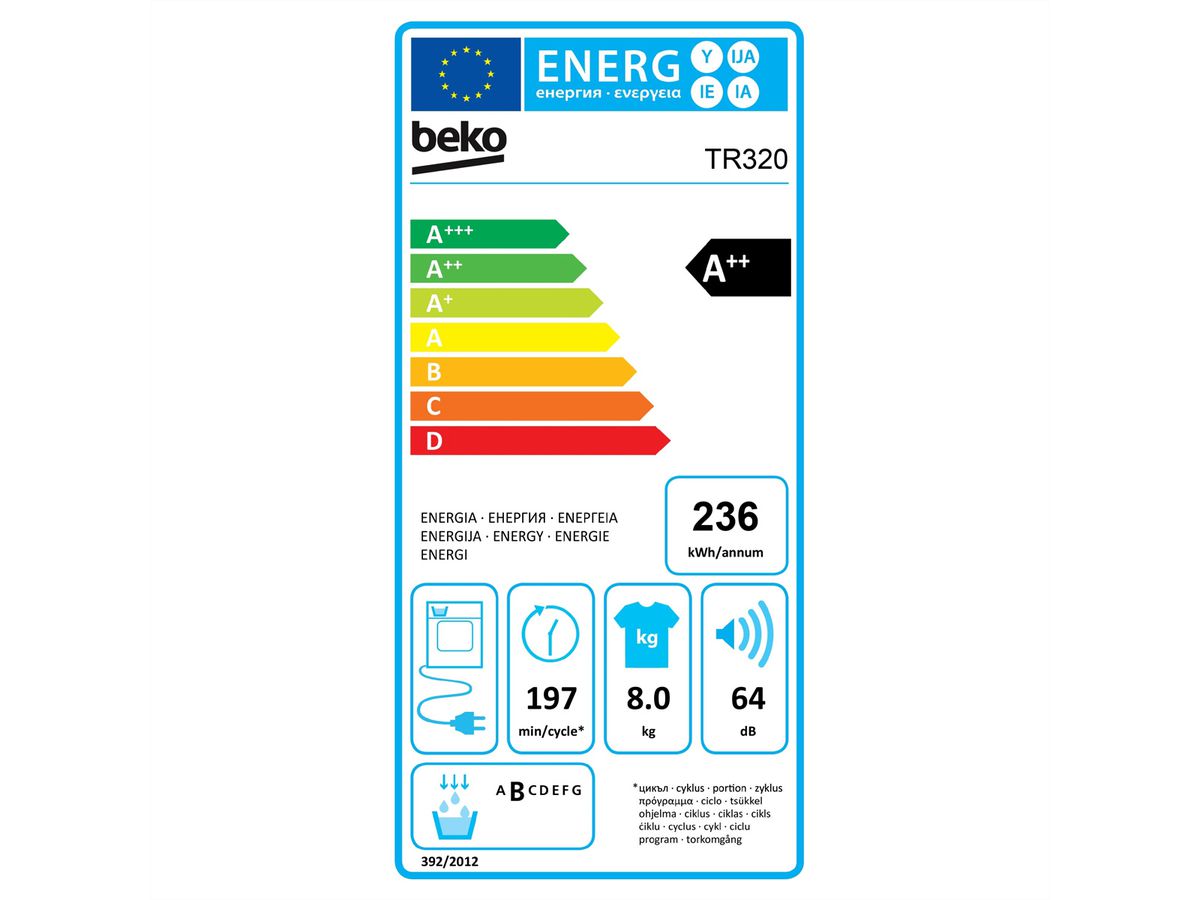 Beko Sèche-linge TR320, 8kg, A++, blanc