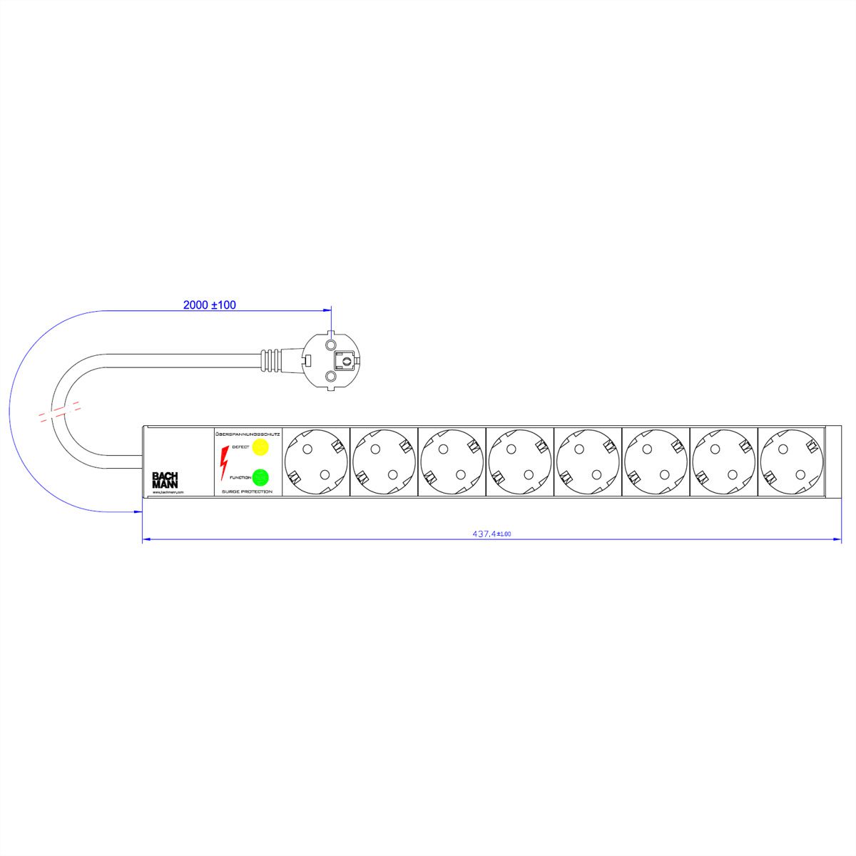 BACHMANN Bâti de prises 19" 8x avec TGBT sans interrupteur, noir