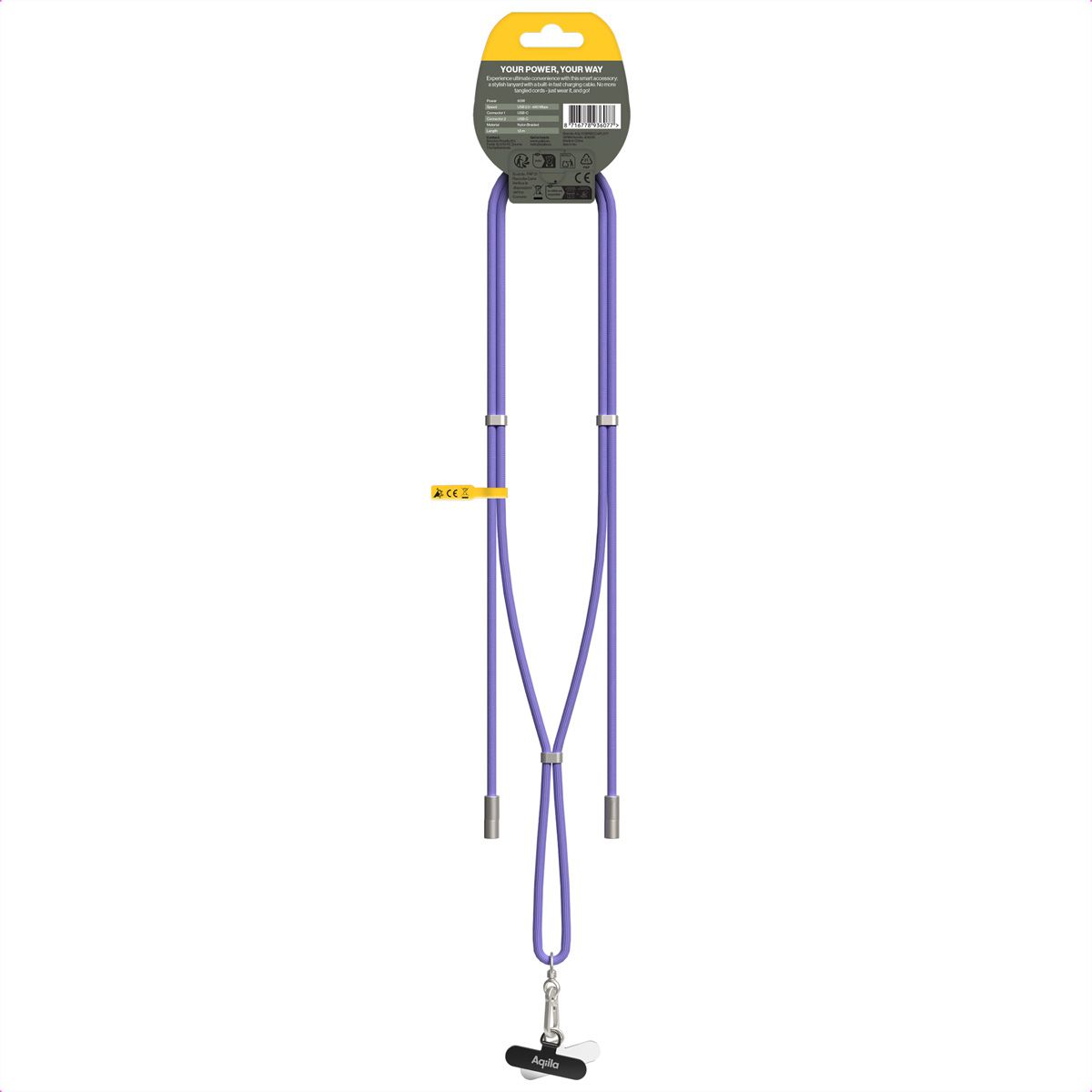 Câble de recharge et de synchronisation Aqiila Lanyard CC4, 60 W, type C vers type C, violet