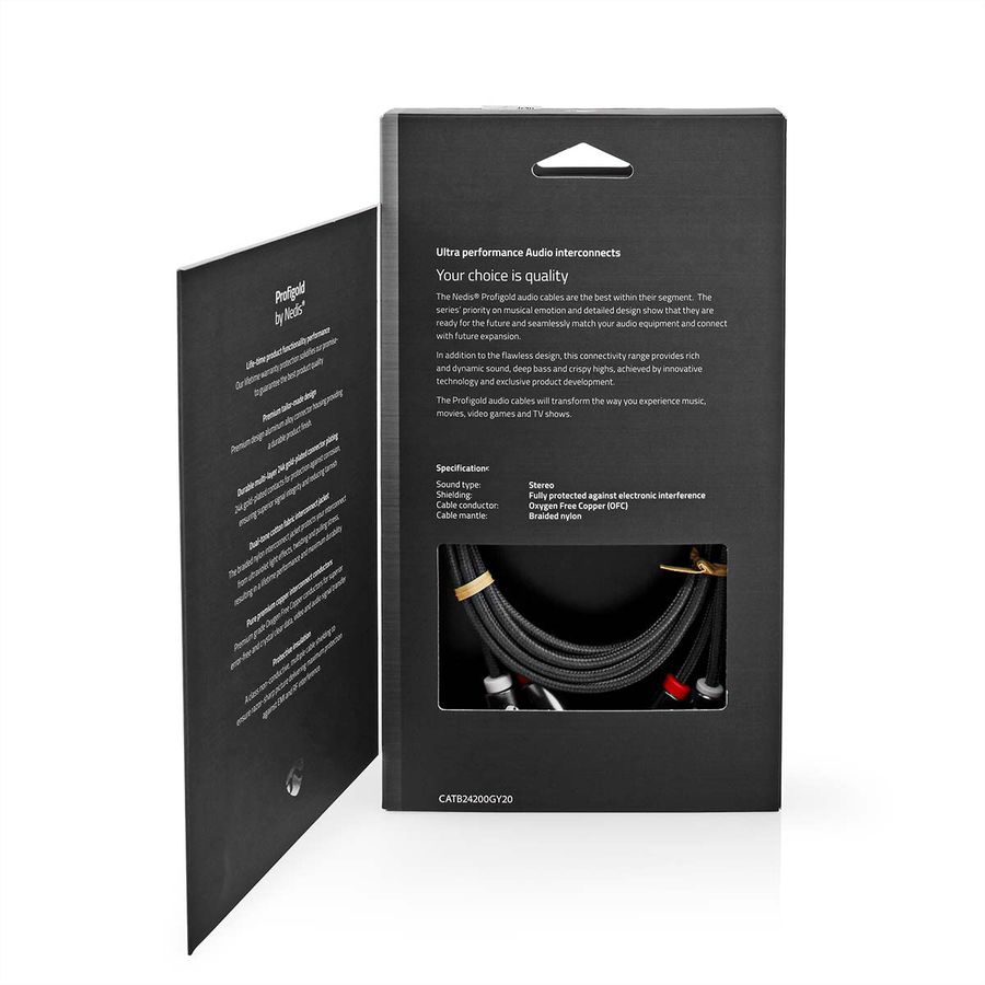 Câble audio stéréo Nedis, 2x RCA, ST/ST, gris, 2 m