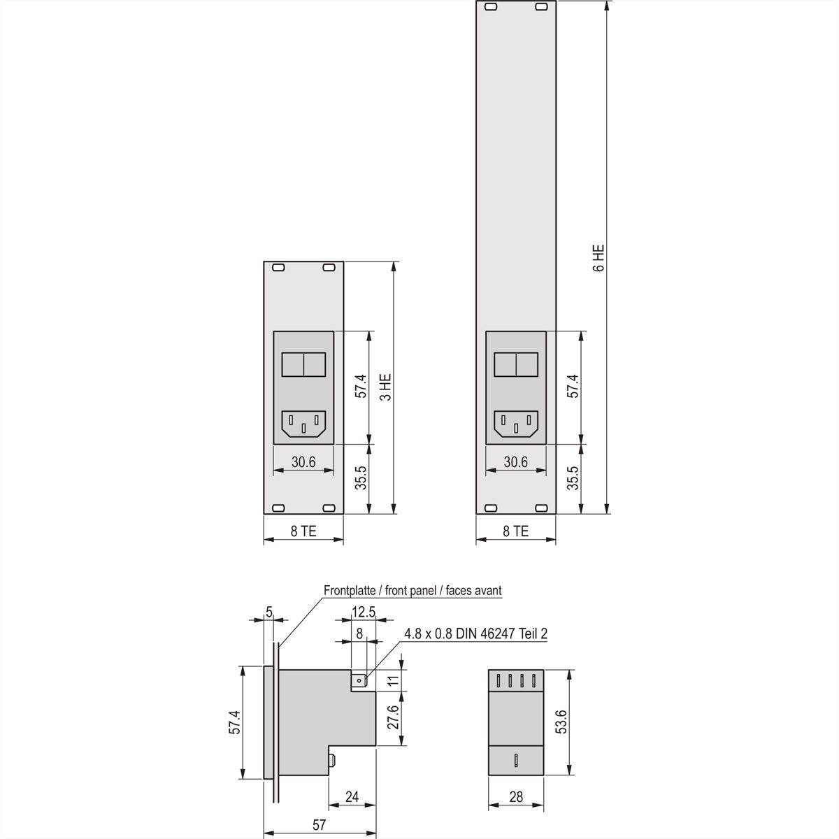 SCHROFF Face avant avec module d'entrée AC, 6 U, 8 CV, 2,5 mm, alu, anodisé, bords non traités