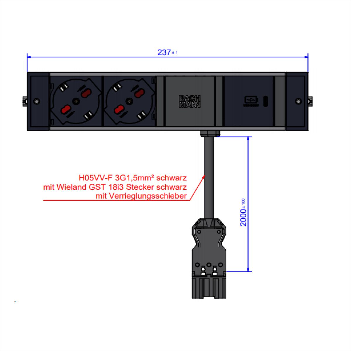 BACHMANN DESK RAIL 2xP40 1xUSB C 30W, ITALIE