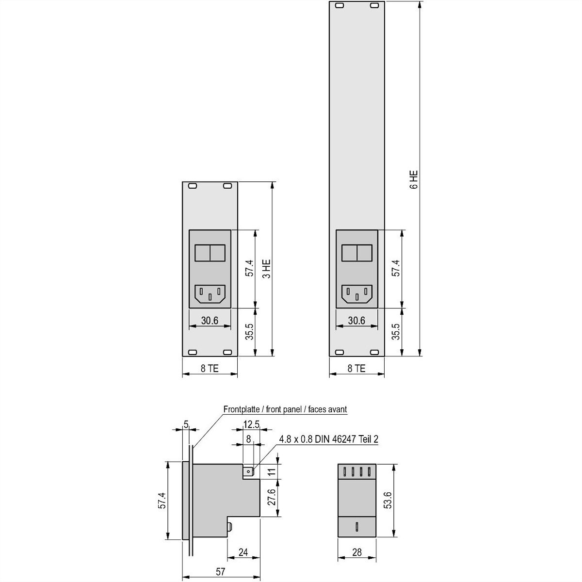 SCHROFF Face avant avec module d'entrée AC, 6 U, 8 CV, 2,5 mm, alu, anodisé, bords non traités
