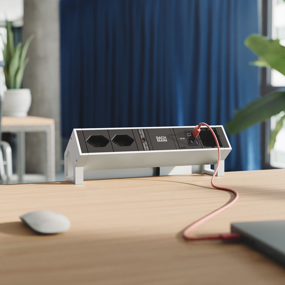 BACHMANN DESK2 2xCH 90° 1xUSB C/C 65W, 1xCM L=0,2m INOX