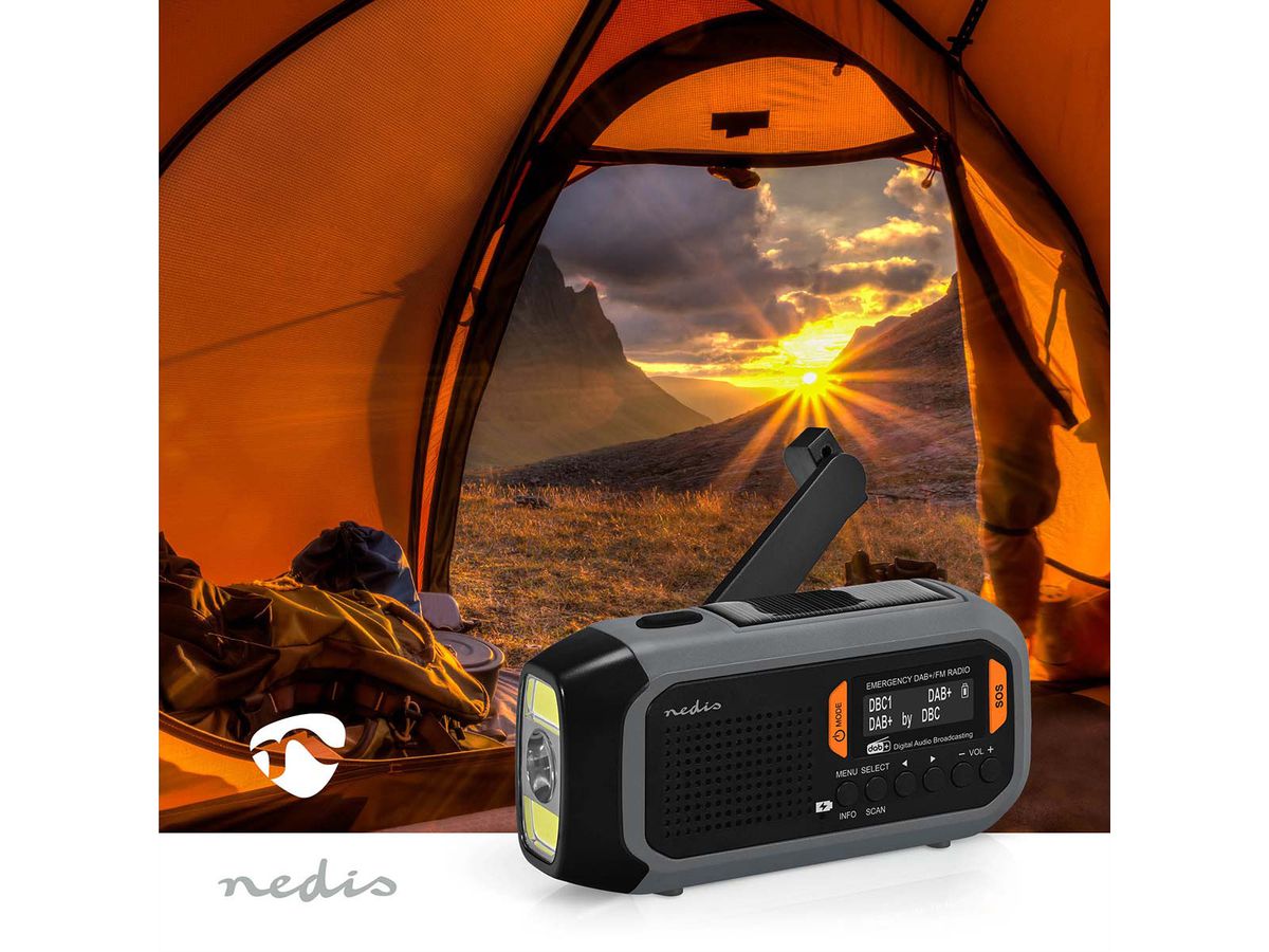 Nedis Notfallradio DAB FM mit Handkurbel Solarpanel und Powerbank, Tragbares Notfallradio fuer Notfaelle, Camping und Outdoor Anwendungen
