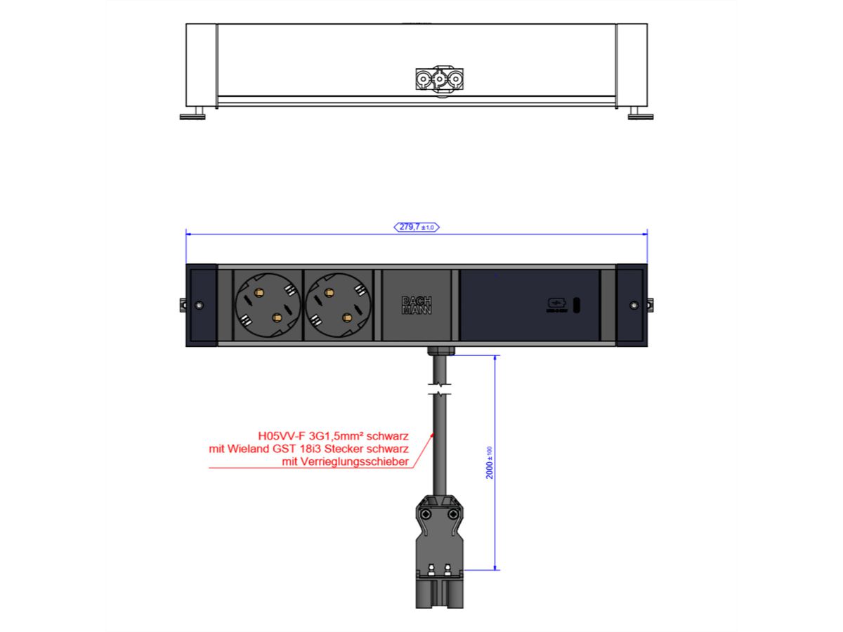 BACHMANN DESK RAIL 2x contact de protection USB C