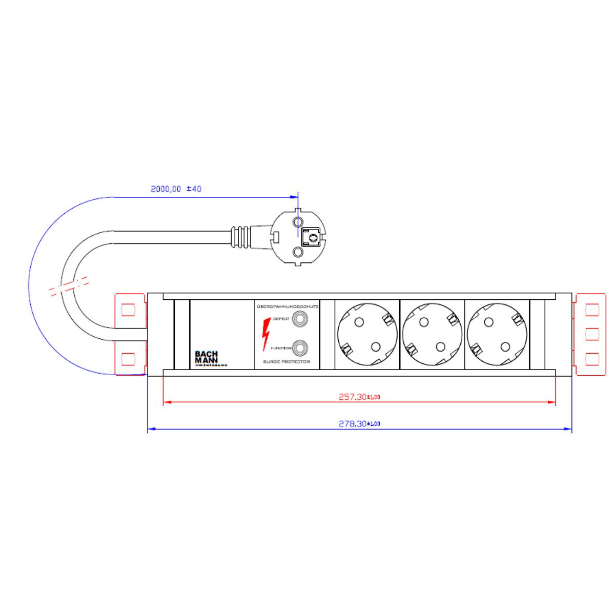 BACHMANN CONNECT LINE 3x contact de protection, Mesure p.Ph.H05VV-F 3G2,5 CEE 16A Lan