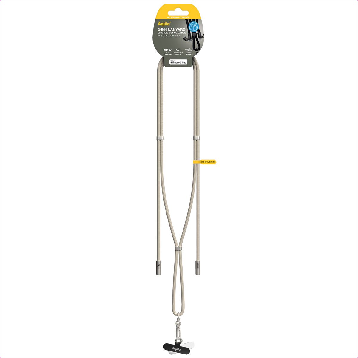 Câble de recharge et de synchronisation Aqiila Lanyard CL2, 60W, type C vers Lightning, sable