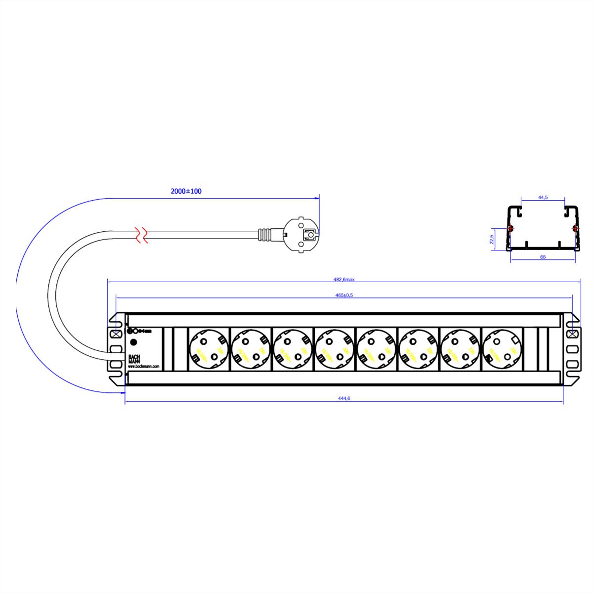 BACHMANN Multiprise 8x contact de protection, compatible rack 19 pouces, 2 m