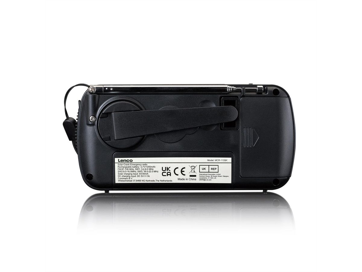 Lenco Radio d'urgence à manivelle MCR-113BK, FM/KW, banque de puissance, lampe de poche