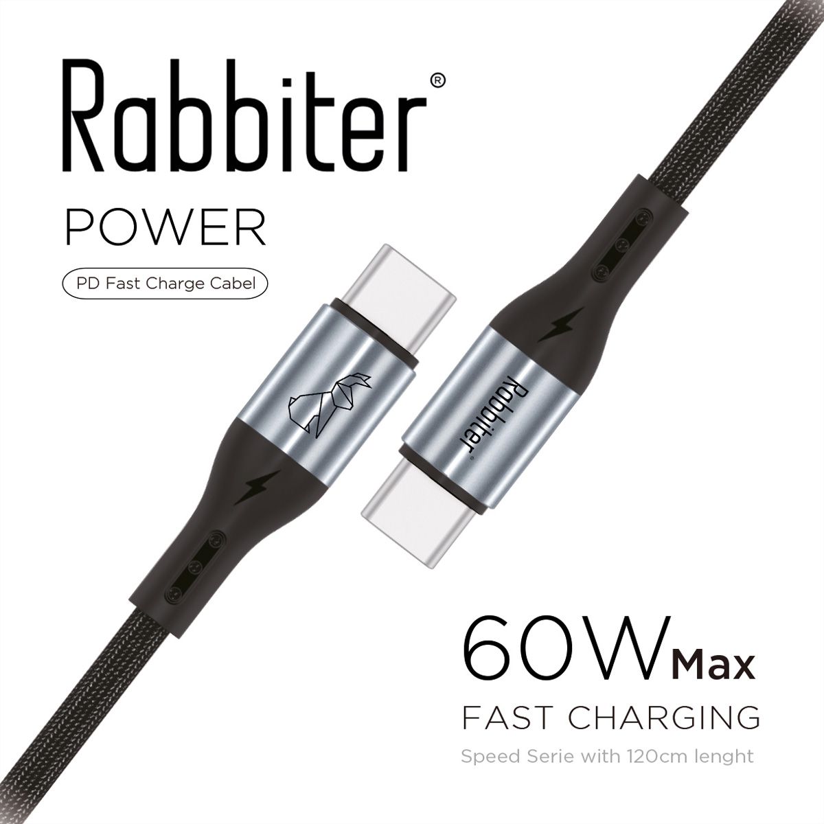 Rabbiter Power USB-C Kabel, 60W, 1.2m, schwarz, 1,2 m