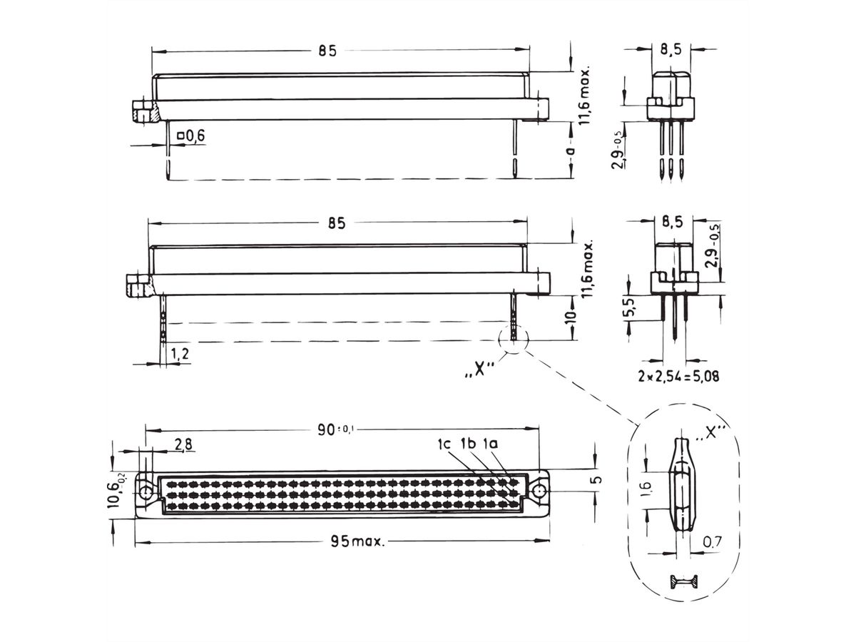 Connecteur SCHROFF de type C, EN 60603, DIN 41612, femelle, 96 contacts, wire-wrap, 13 mm