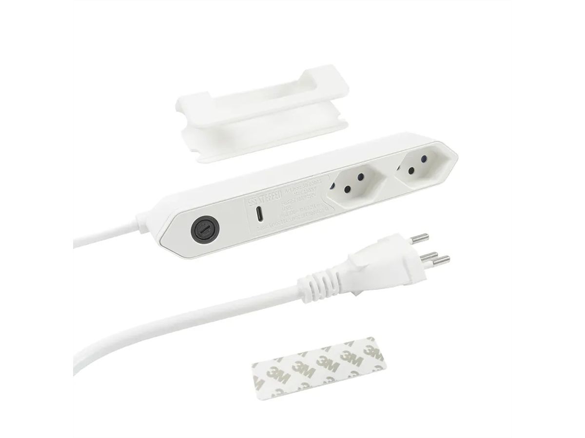 Steffen Steckdosenleiste IQ 2fach, 2xT13 + 1xUSB-C PD 18W, weiss, 1.5m