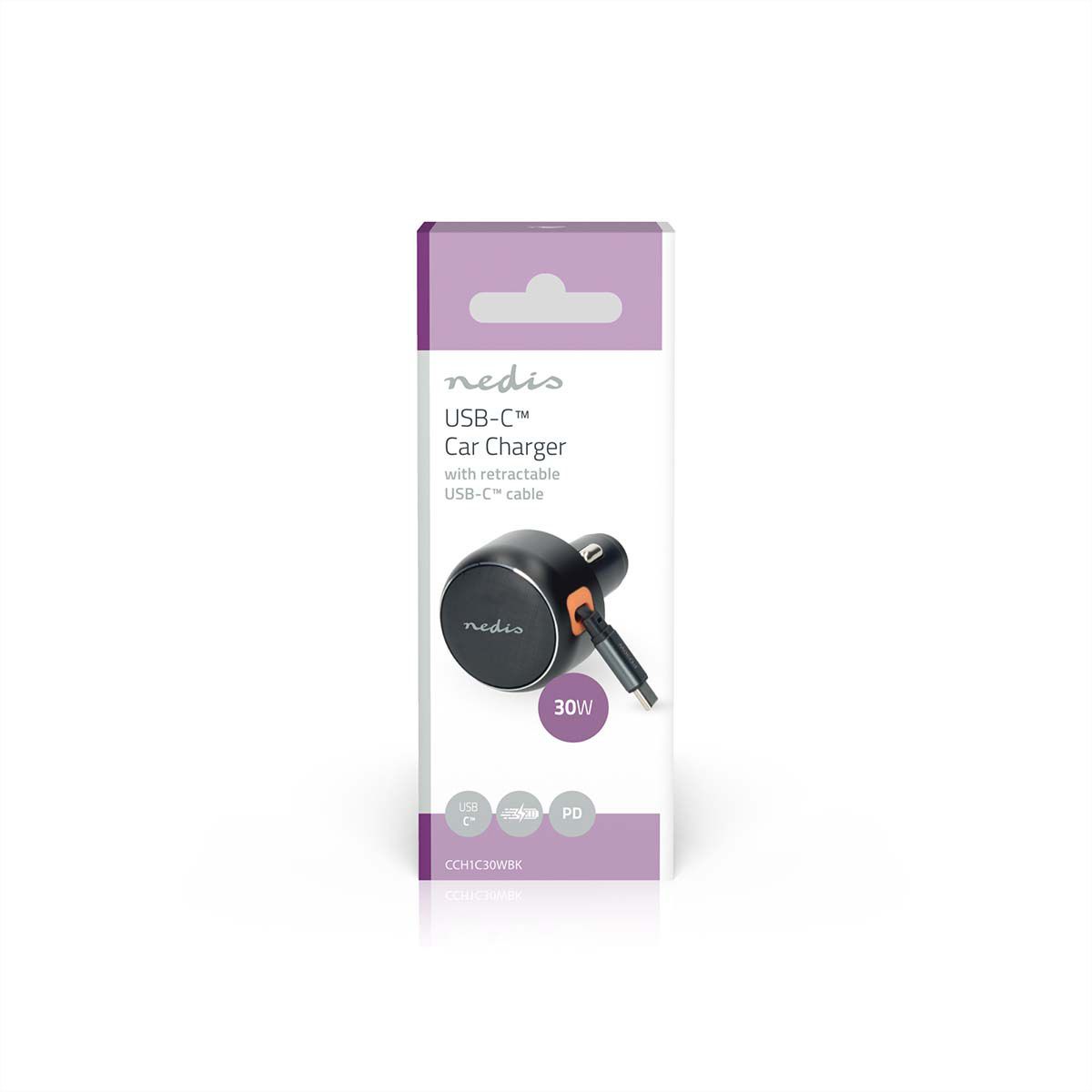 Nedis Auto-Ladegerät – 30 W mit aufrollbarem USB-C-Kabel, car charger 30W - Dunkel Grau