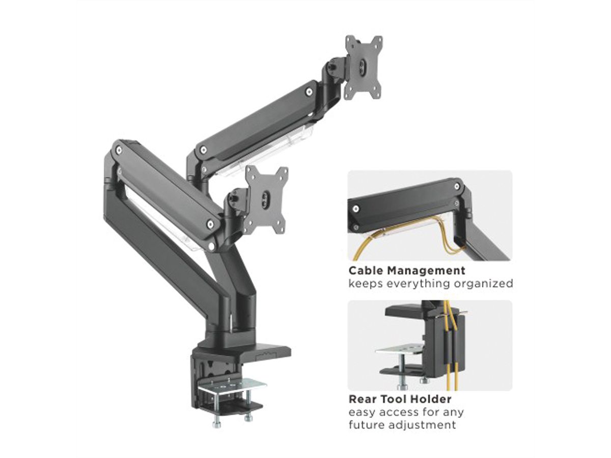 ROLINE LCD-Doppelarm, Tischmontage, Gasfeder, je 5 Gelenke, bis 35 Zoll, bis 2x 15 kg