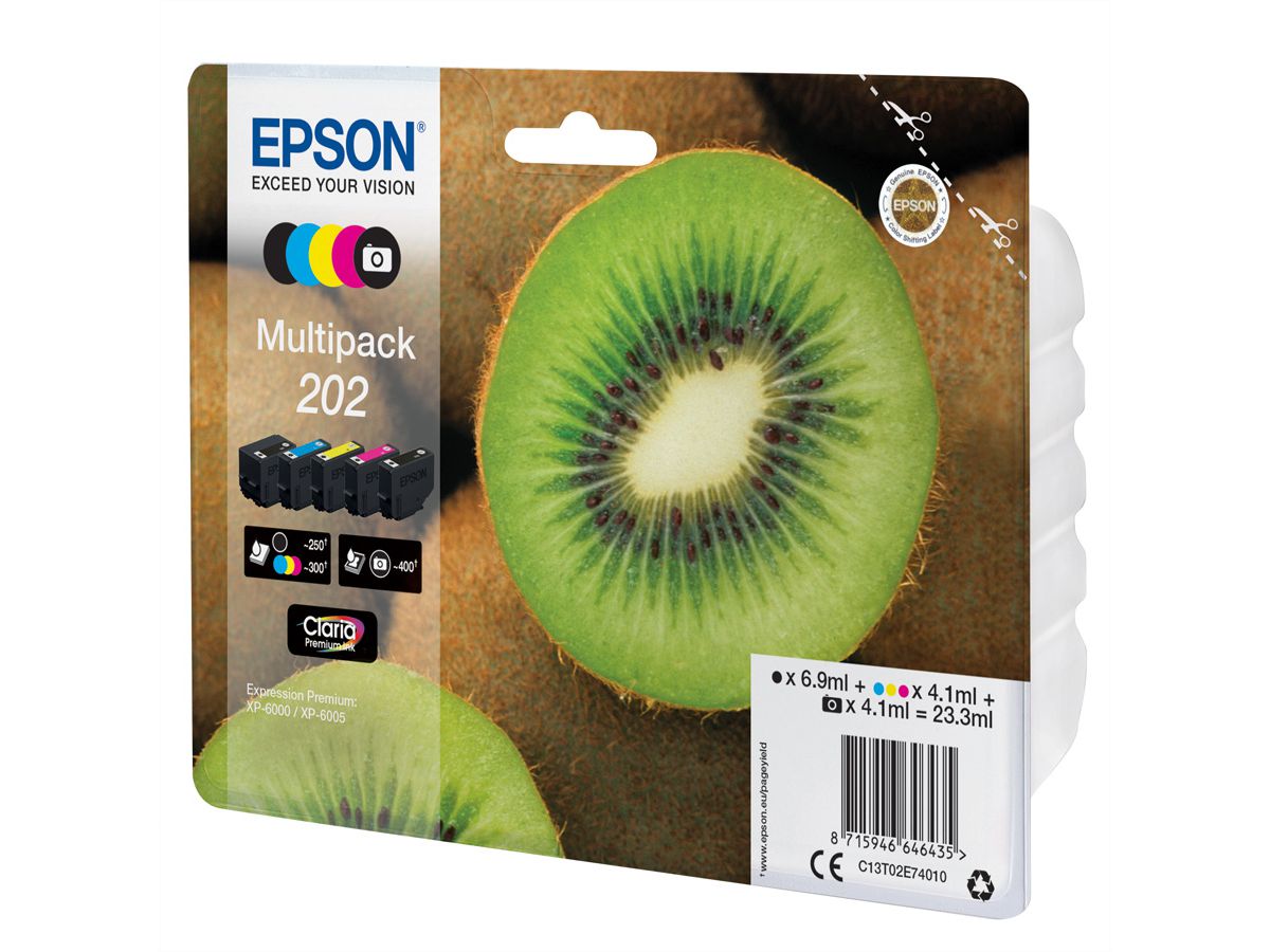 EPSON T02E74010,Multipack, 202, C/M/Y/PB, Cartouche cyan/magenta/jaune/noire/noir-photo