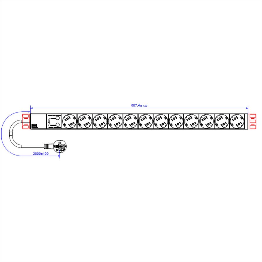 BACHMANN IT PDU ALU 1U 12x contact de protection, câble d'alimentation avec fiche à contact de protection