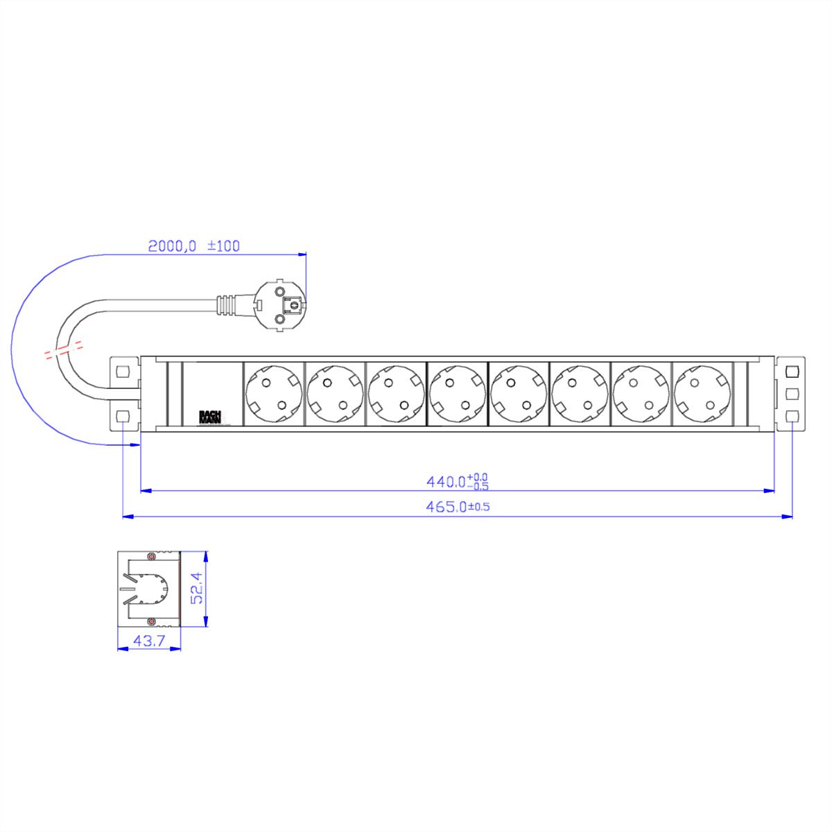 BACHMANN Bloc multiprise PVC 19'' 8x contact de protection, Mesure p.Ph.3m H05VV-F 5G2,5 CEE 3x16A