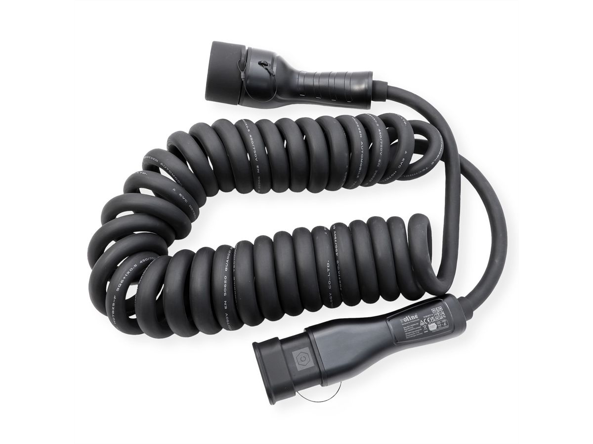 ROLINE Câble de recharge VE type2, 3-Phases, 480VAC (3P+N+E), 32 A, 22 kW, spirale (max. 5m)