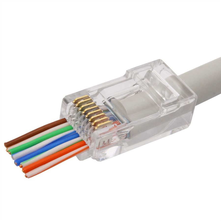 ROLINE RJ45 Stecker, ungeschirmt, Cat.6/6A (Class E/EA), Pass-Through Modularstecker, für Massiv-/Litzendraht, 10 St.