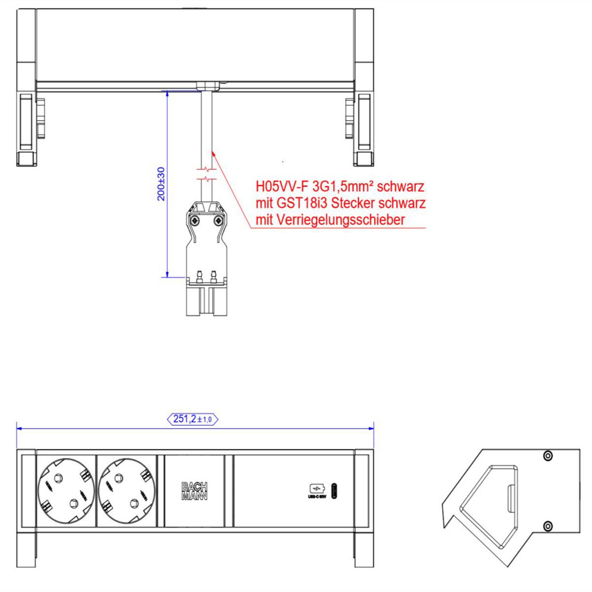 BACHMANN DESK2 ALU BLACK 2x contact de protection USBC