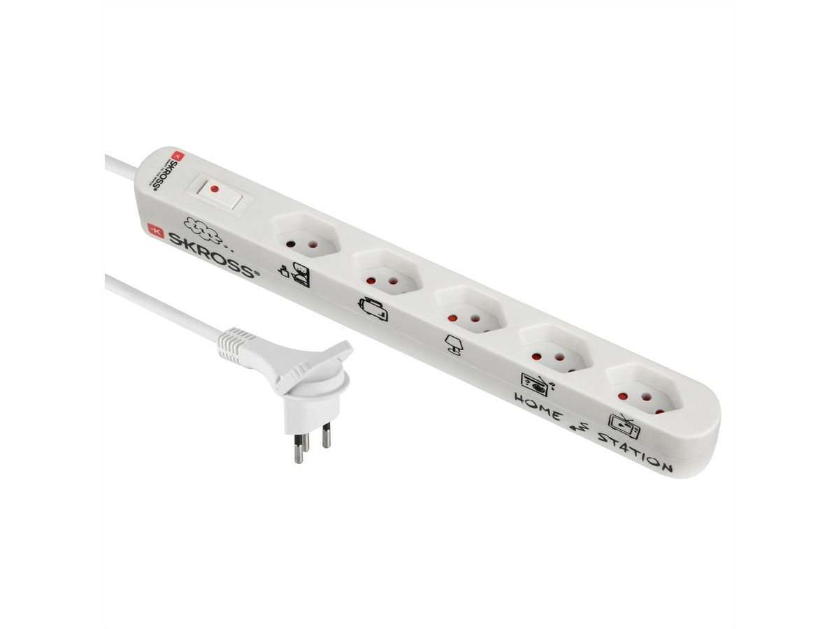 Multiprise Skross 3x T13, Fiche plate, interrupteur, blanc