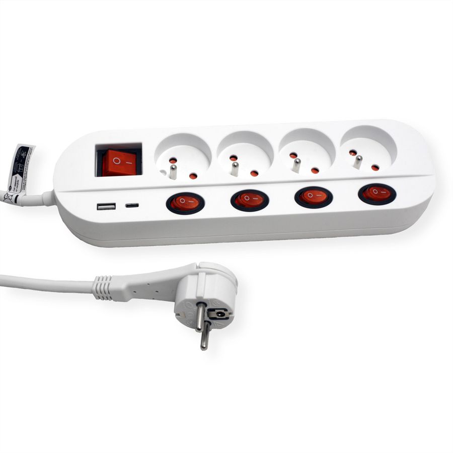 ROLINE 4-fach Steckdosenleiste mit Schalter, UTE Version, USB-Charger A+C, 3 m