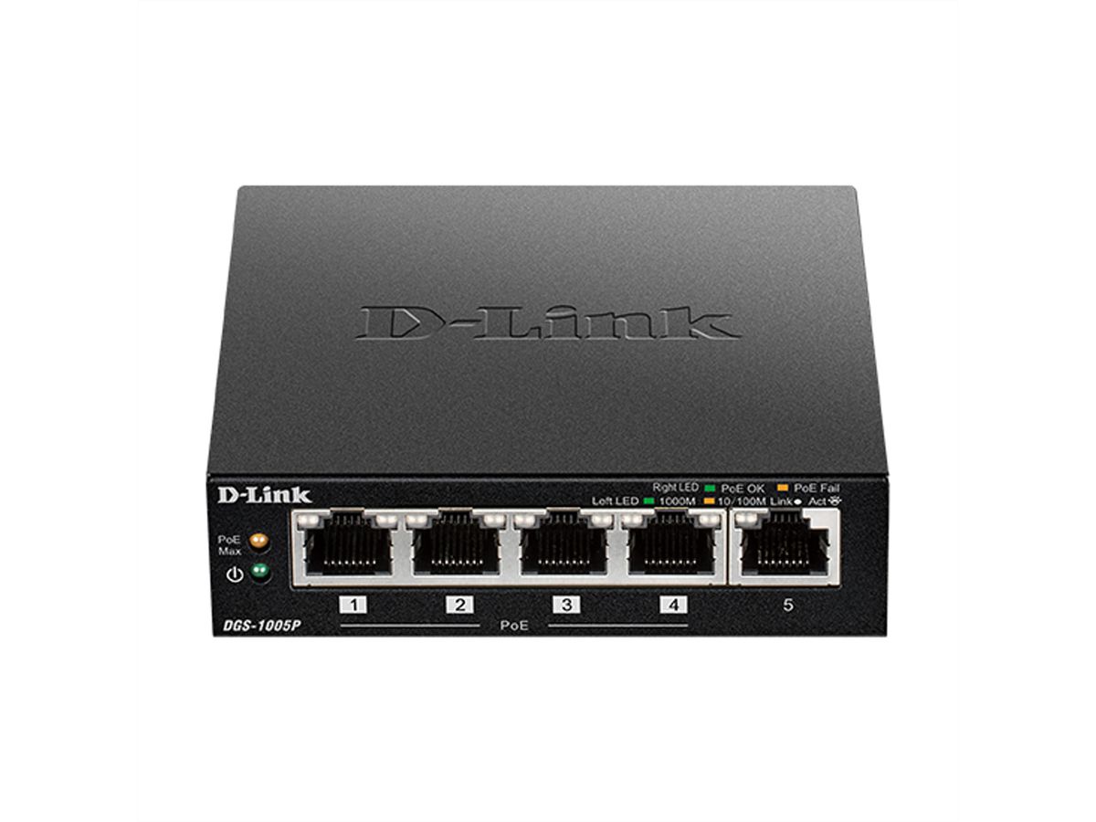 D-Link DGS-1005P/E 5-Port PoE+ Switch Gigabit, 4 PoE+ Ports, 60W