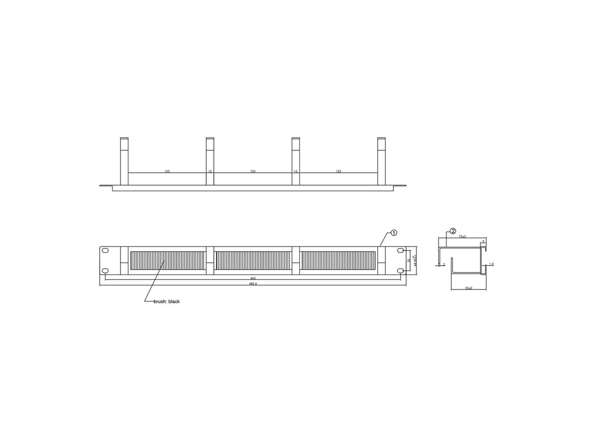 ROLINE 19"-Frontplatte, 4 Ösen Typ G, Kabeldurchführung (Bürste), RAL 9005 Tiefschwarz