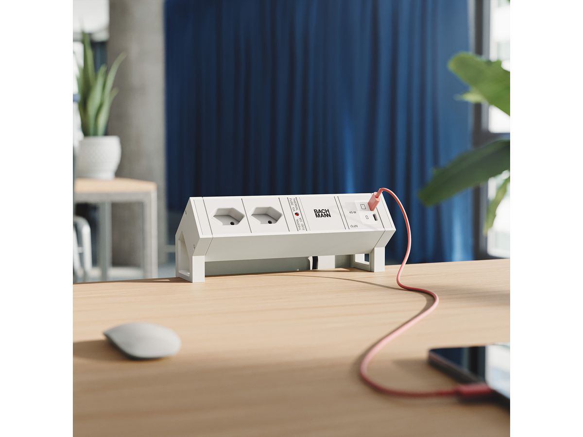 BACHMANN DESK2 white 2xCH 90°, 1xUSB C/C 45W L=0,2m RAL9010