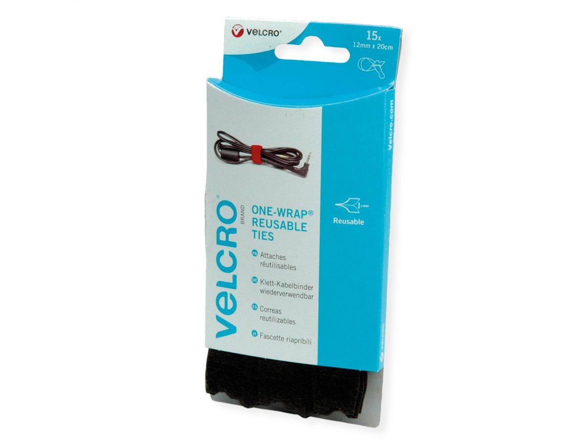 VELCRO® ONE-WRAP Rouleau 12x200mm x 15, noir, réutilisable