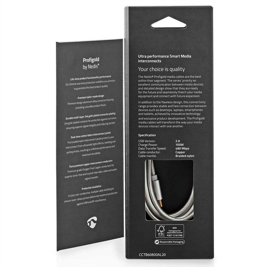 Nedis USB 2.0 Kabel, Typ C-C, ST/ST, 100W, silber, 2m