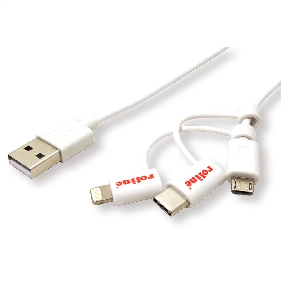 ROLINE USB 2.0 Sync- & Ladekabel, USB-A - USB-C / 8-Pin / USB MicroB, weiß, 1 m