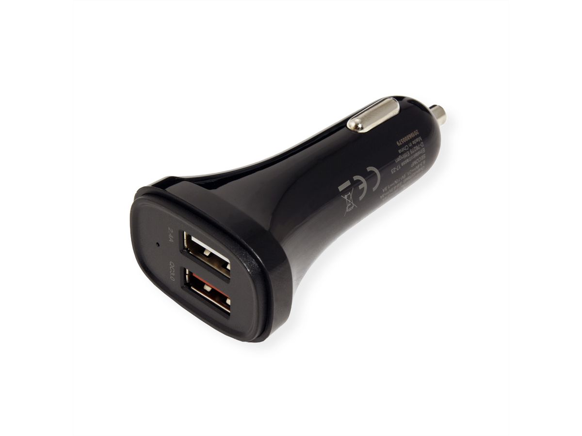 VALUE Chargeur USB avec prise de voiture, 2 ports (1x QC3.0, 1x 5VDC 2.4A), 18W