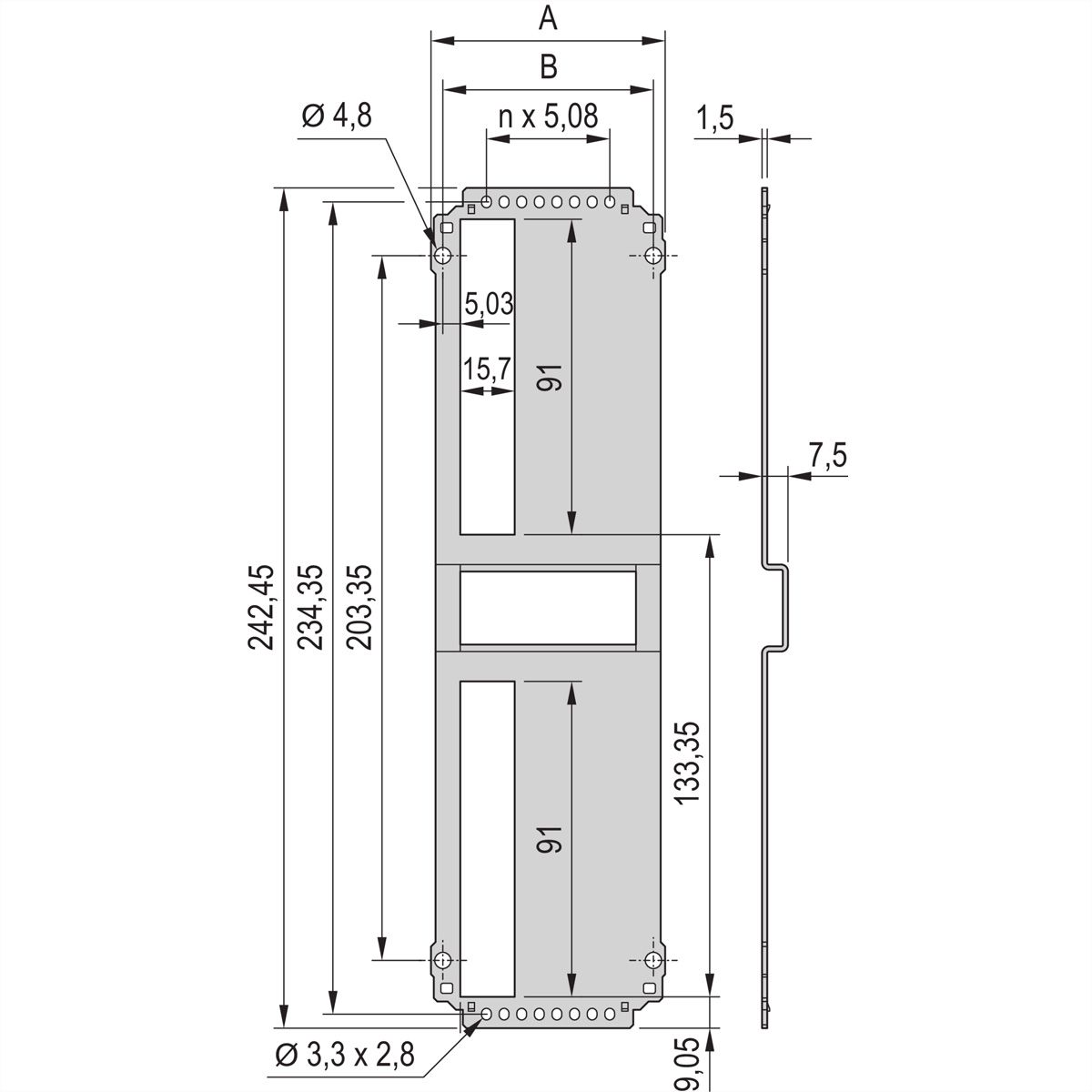 Panneau arrière de l'unité enfichable de type cadre SCHROFF, découpe pour un connecteur, 6 U, 10 HP
