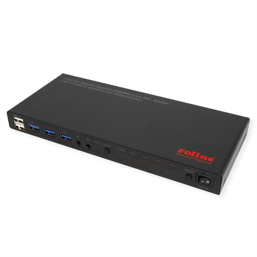 ROLINE Switch KVM, HDMI 4K, USB, 1 User - 4 PC , avec hub USB 3 ports