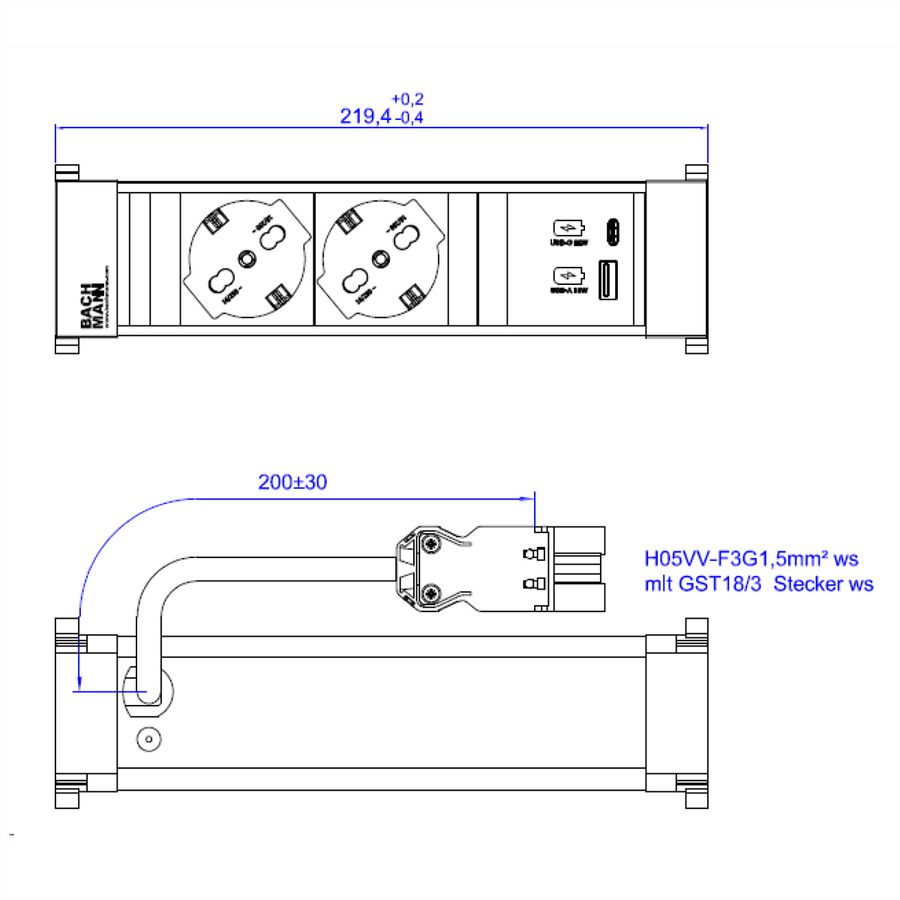 BACHMANN POWER FRAME 2xP40 1xUSB A/C 22W 0,2m GST18