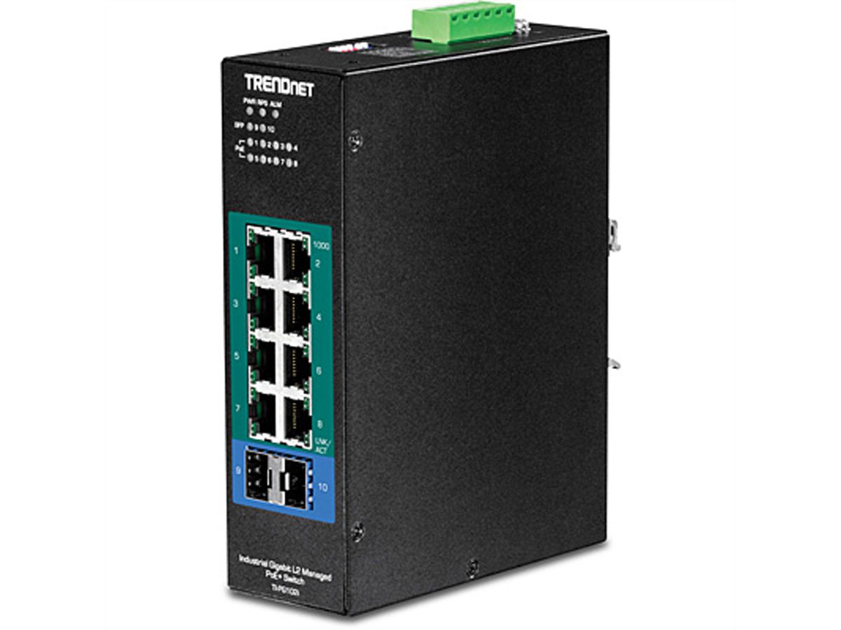 TRENDnet TI-PG102i Switch industriel Rail DIN Gigabit PoE+ L2 à 10 ports