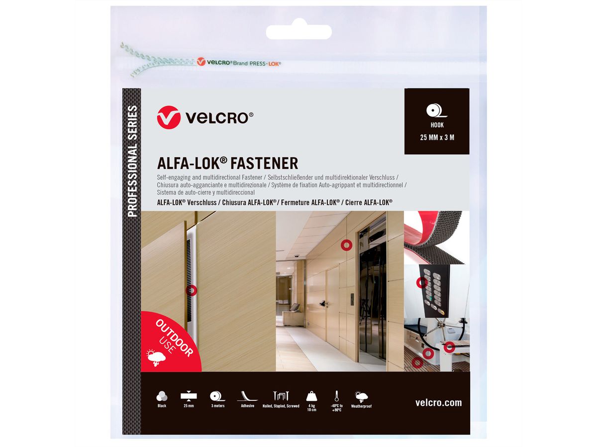 VELCRO® Alfa-Lok® Fixation 3m bande crochets 25mm noir