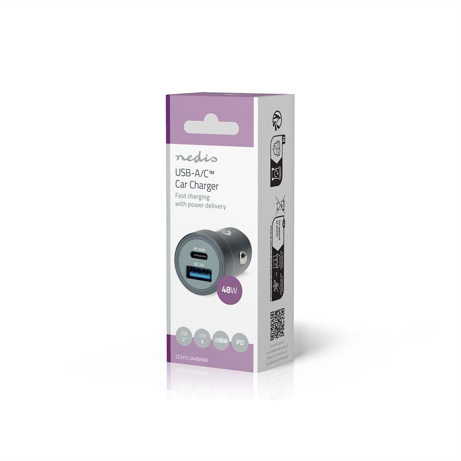 Nedis Auto-Ladegerät 48W, USB-C/USB-A, PD3.0, dunkelgrau
