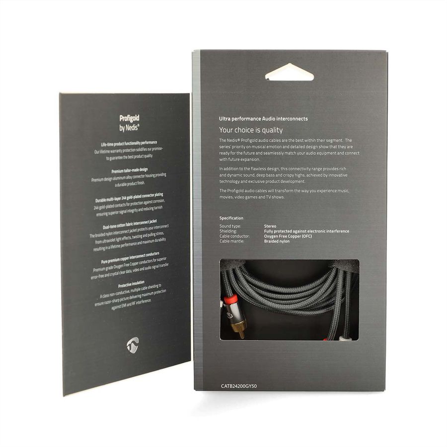 Câble audio stéréo Nedis, 2x RCA, ST/ST, gris, 5 m