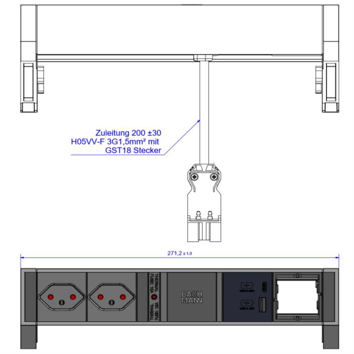 BACHMANN DESK2 2xCH 1xUSB A/C 22W 1xCM, SUISSE