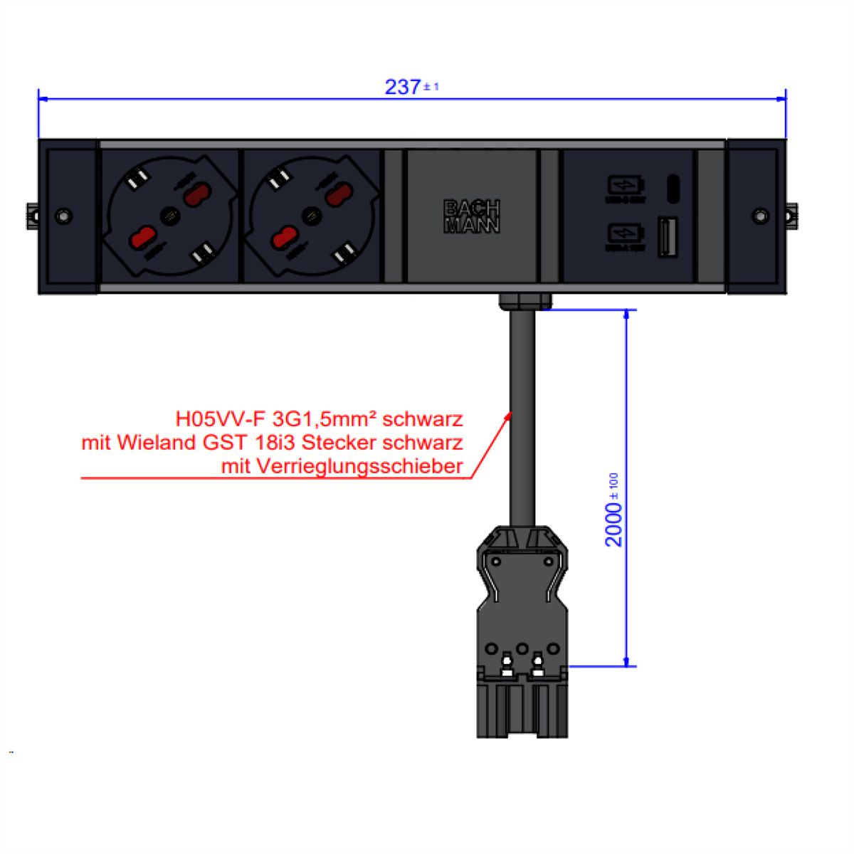 BACHMANN DESK RAIL 2xP40 1xUSB A&C, ITALIE
