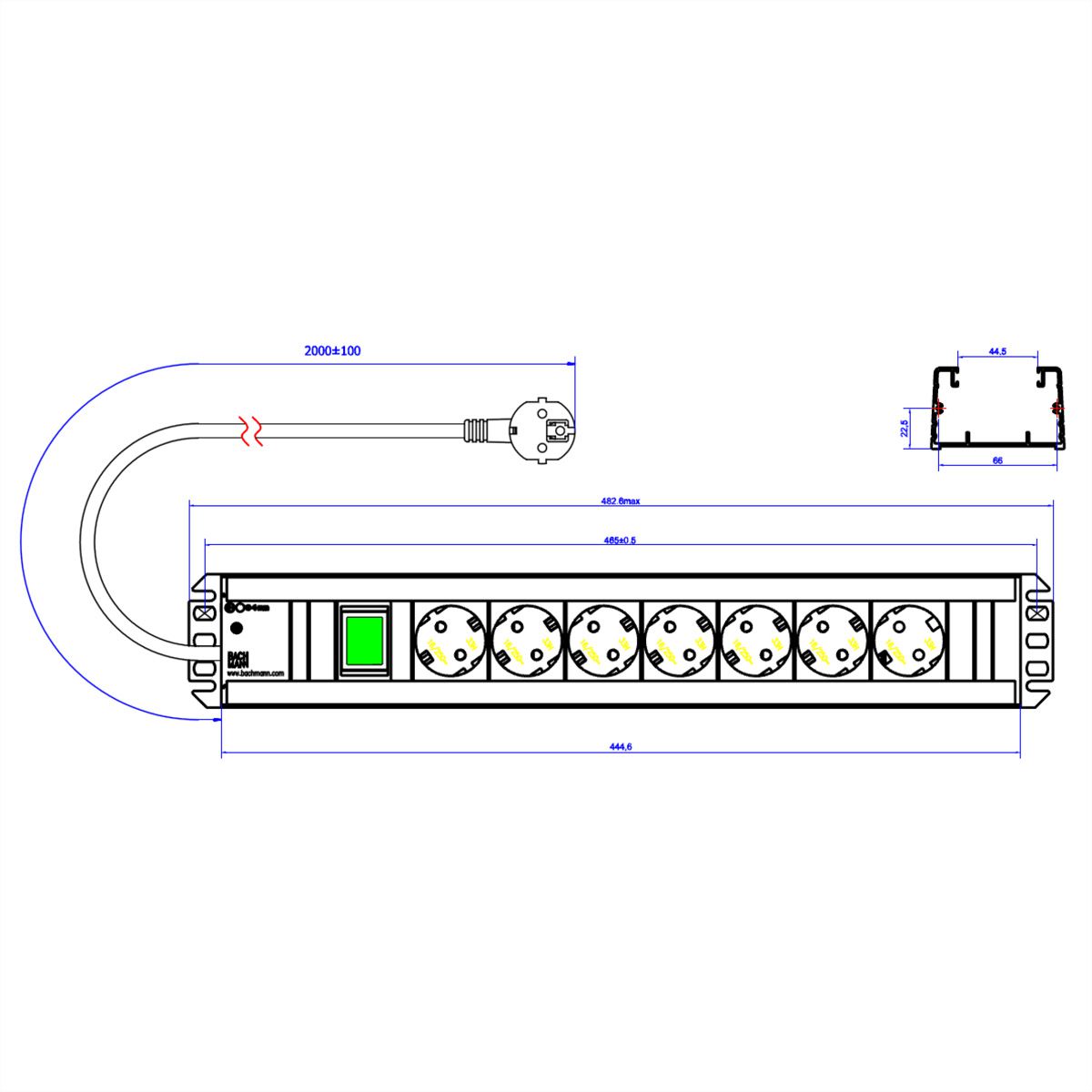 BACHMANN Multiprise 7x contact de protection, interrupteur, compatible rack 19 pouces, Fiche coudée, 2 m