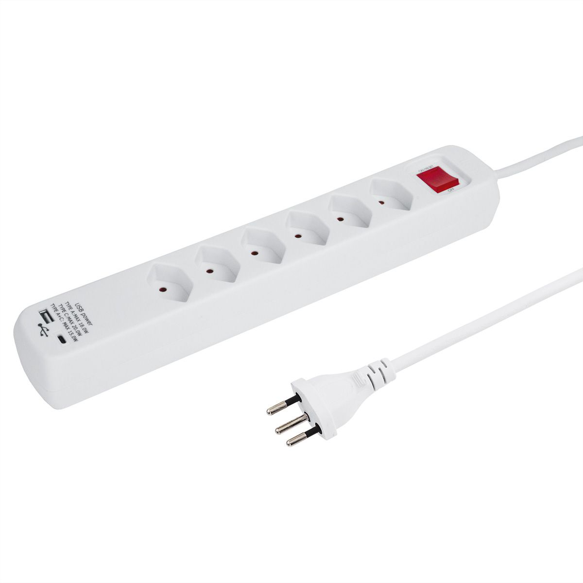 Steffen Steckdosenleiste PowerEasy 6fach, 1xUSB-A,1xUSB-C,mit schalter,weiss,1.5m