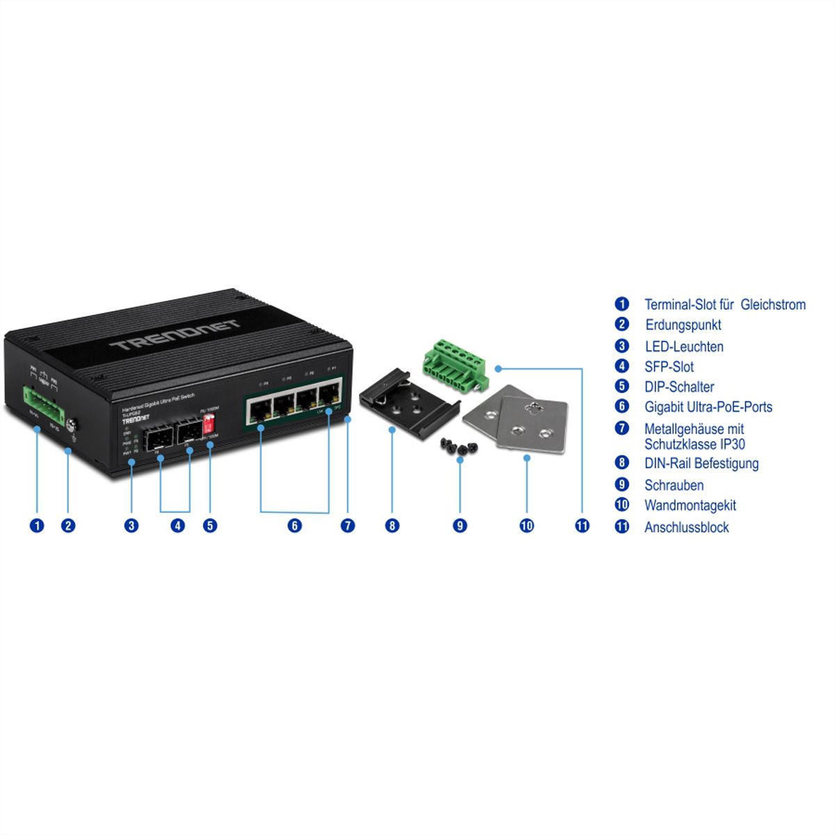 TRENDnet TI-UPG62 6-Port Gigabit Switch Ultra PoE DIN-Rail Industrial